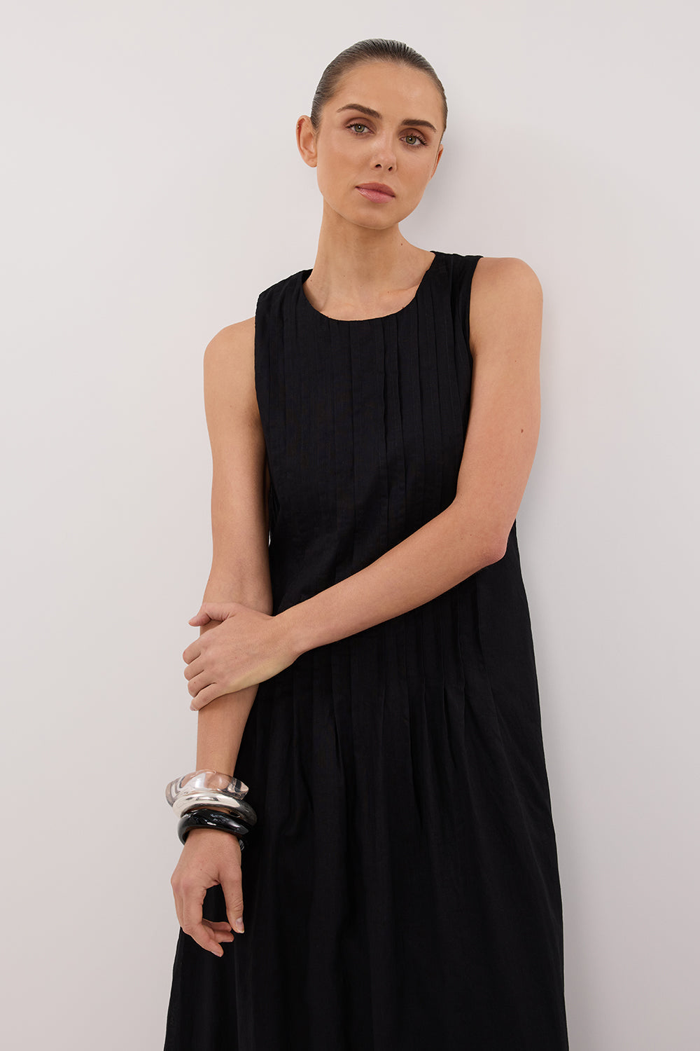 MILO BLACK LINEN BLEND MIDI DRESS