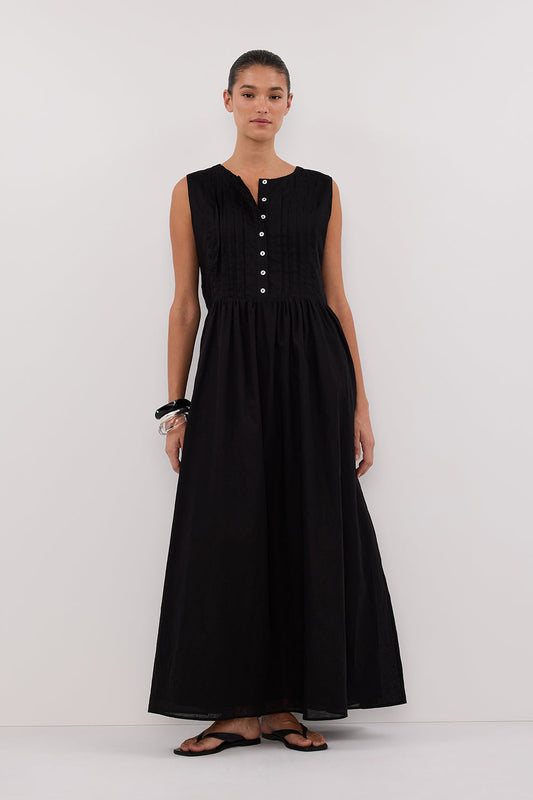 LARS BLACK PINTUCK LINEN MIDI DRESS