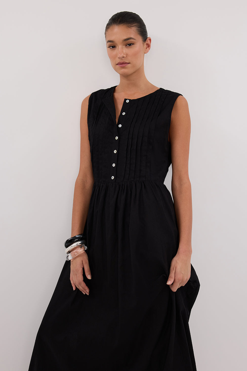 LARS BLACK PINTUCK LINEN MIDI DRESS