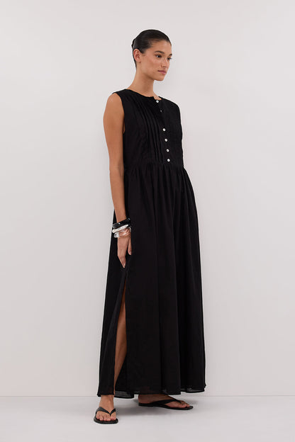 LARS BLACK PINTUCK LINEN MIDI DRESS