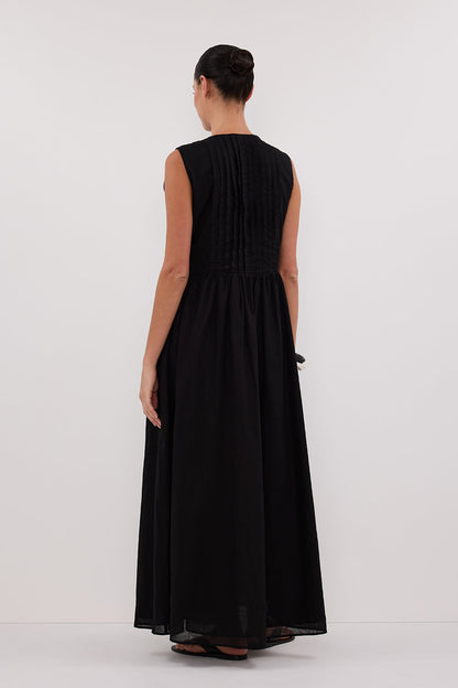 LARS BLACK PINTUCK LINEN MIDI DRESS
