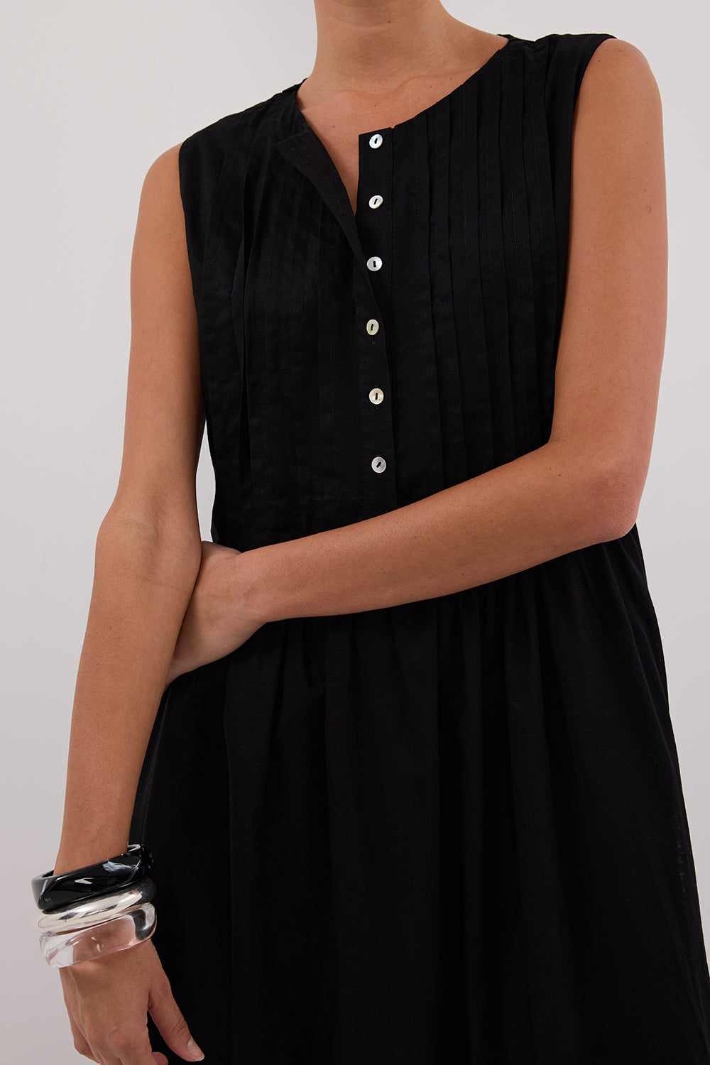 LARS BLACK PINTUCK LINEN MIDI DRESS