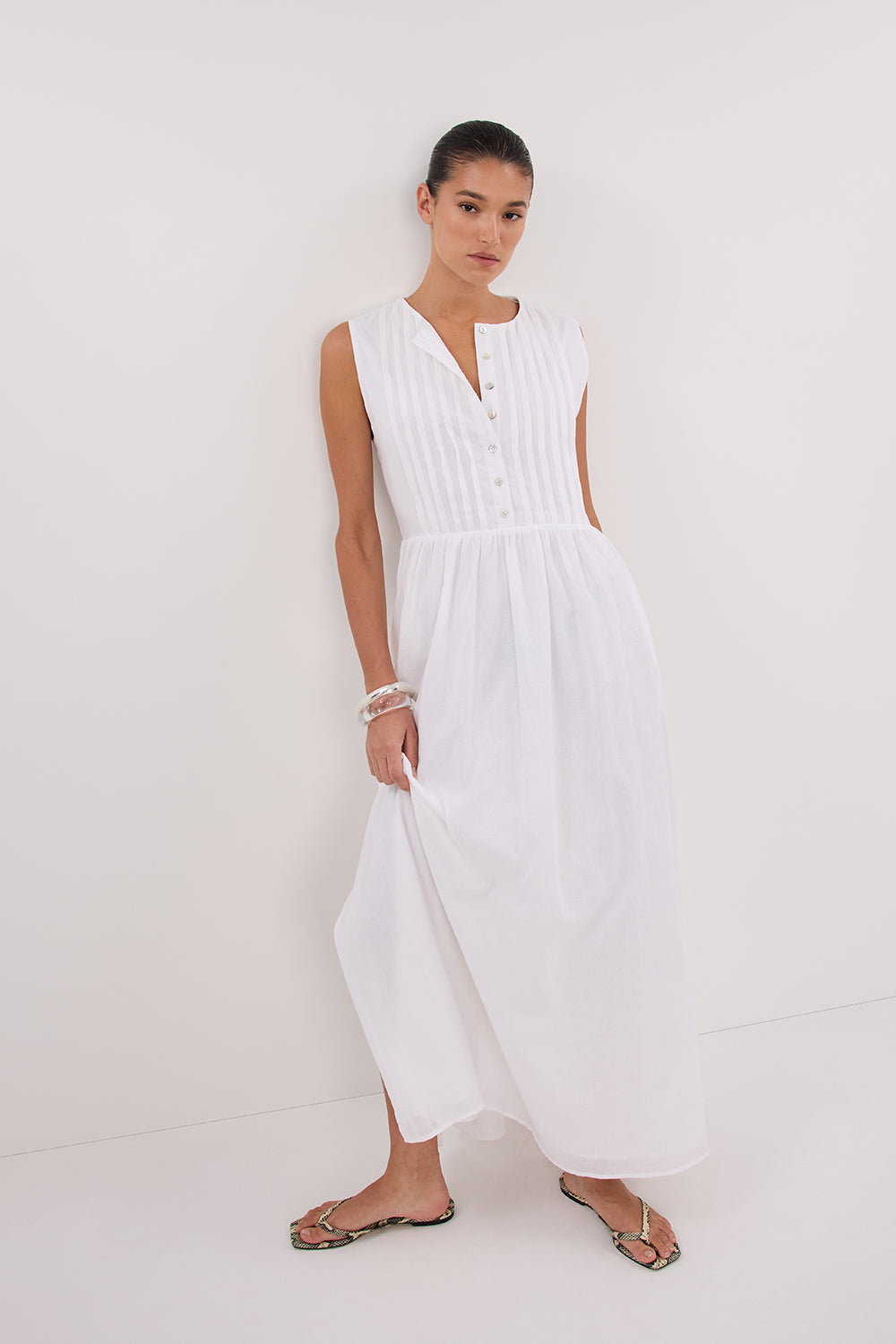 LARS WHITE PINTUCK LINEN MIDI DRESS