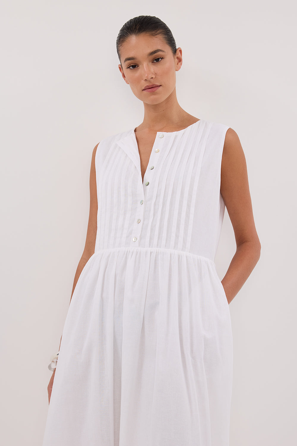 LARS WHITE PINTUCK LINEN MIDI DRESS