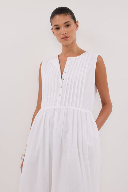 LARS WHITE PINTUCK LINEN MIDI DRESS