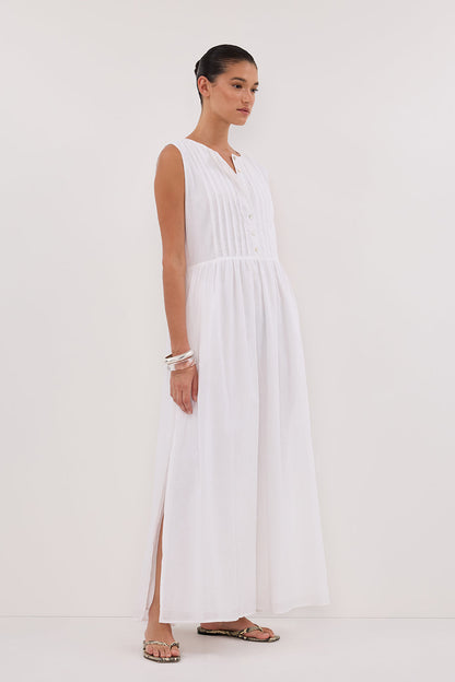 LARS WHITE PINTUCK LINEN MIDI DRESS