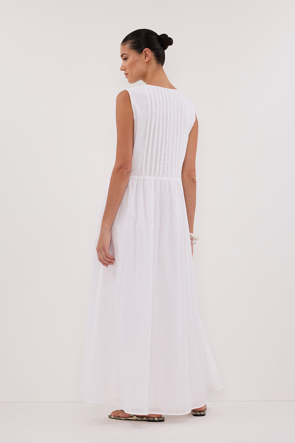 LARS WHITE PINTUCK LINEN MIDI DRESS