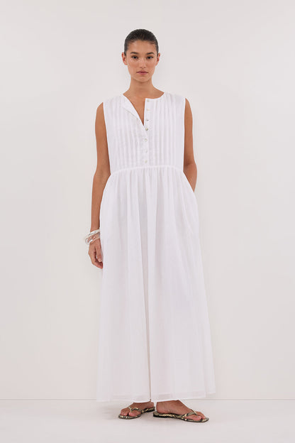 LARS WHITE PINTUCK LINEN MIDI DRESS