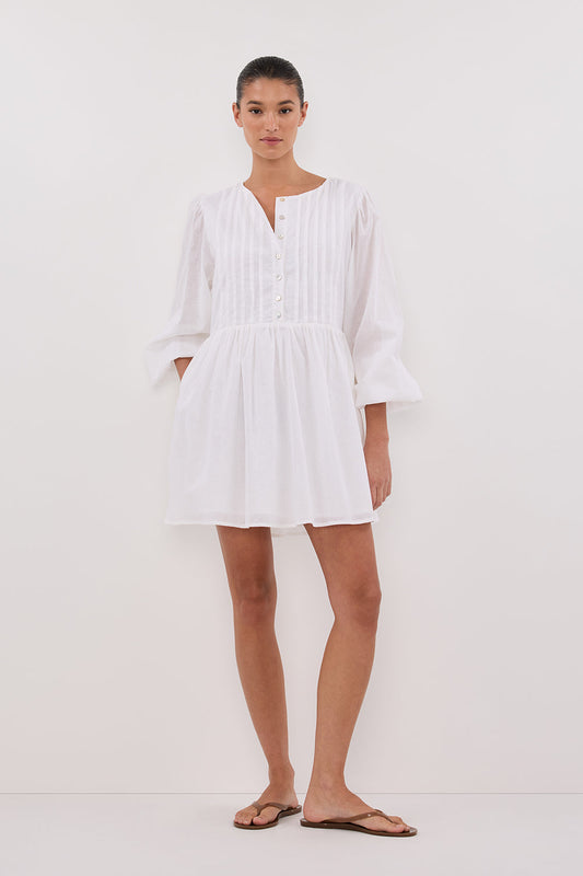 LARS WHITE BUTTON LONG SLEEVE LINEN MINI DRESS