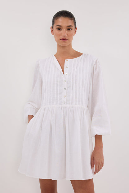 LARS WHITE BUTTON LONG SLEEVE LINEN MINI DRESS