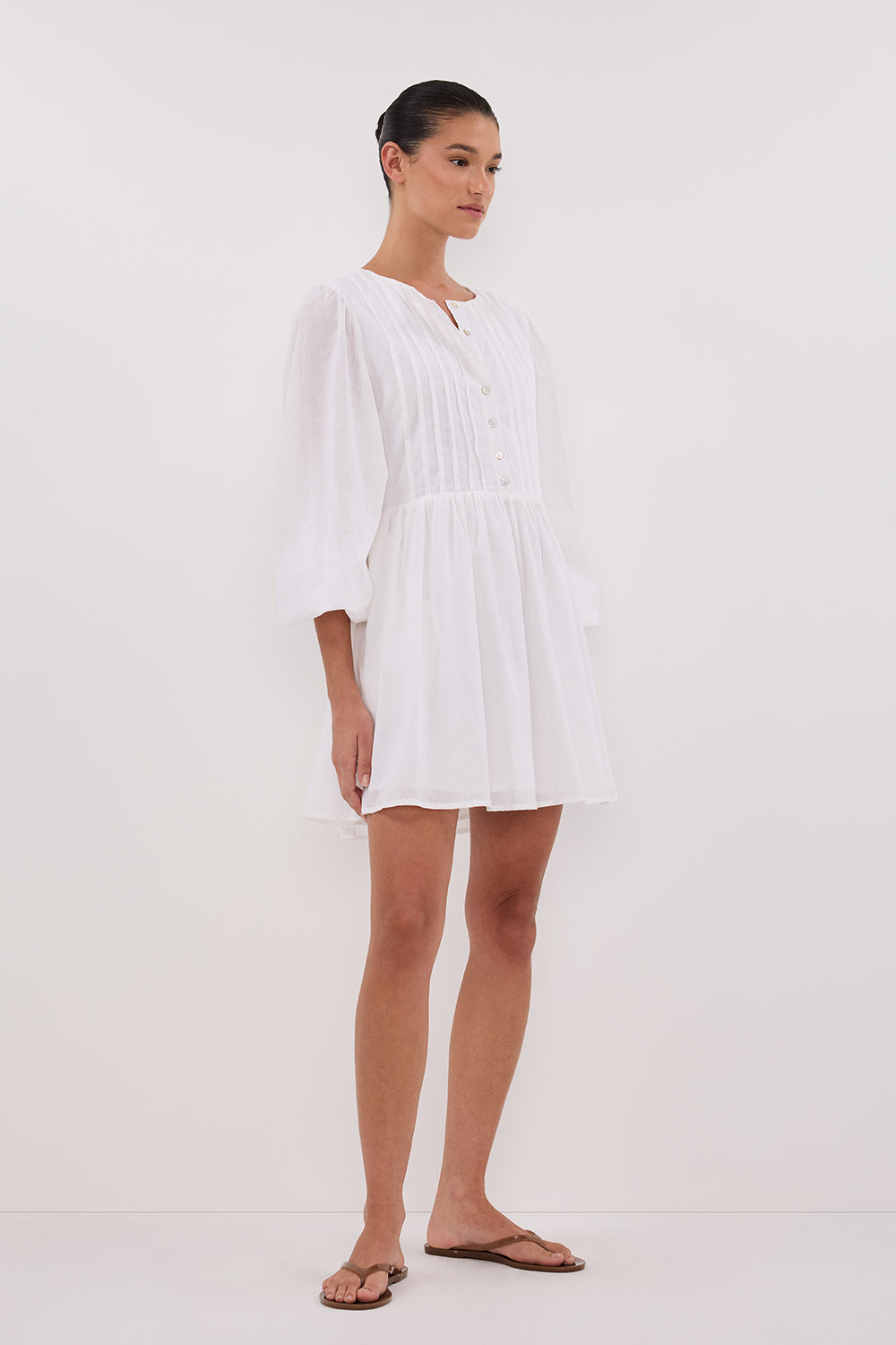 LARS WHITE BUTTON LONG SLEEVE LINEN MINI DRESS