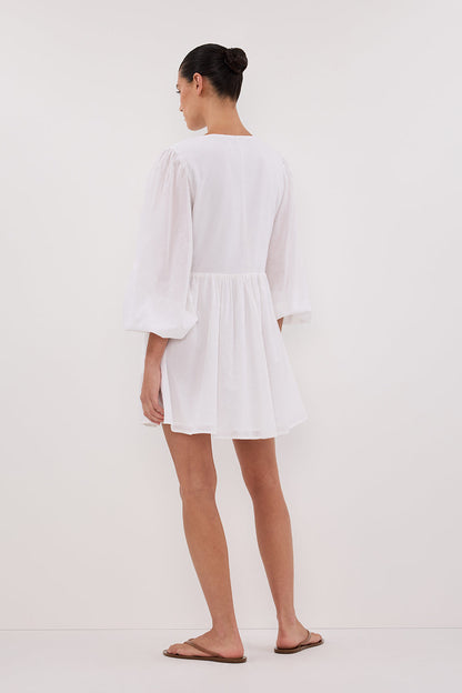 LARS WHITE BUTTON LONG SLEEVE LINEN MINI DRESS
