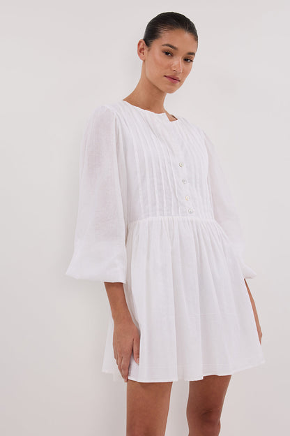LARS WHITE BUTTON LONG SLEEVE LINEN MINI DRESS