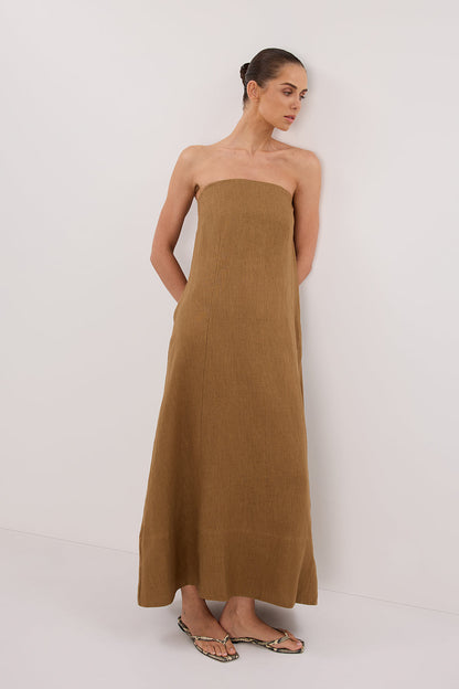 KINSLEY FERN LINEN STRAPLESS MIDI DRESS