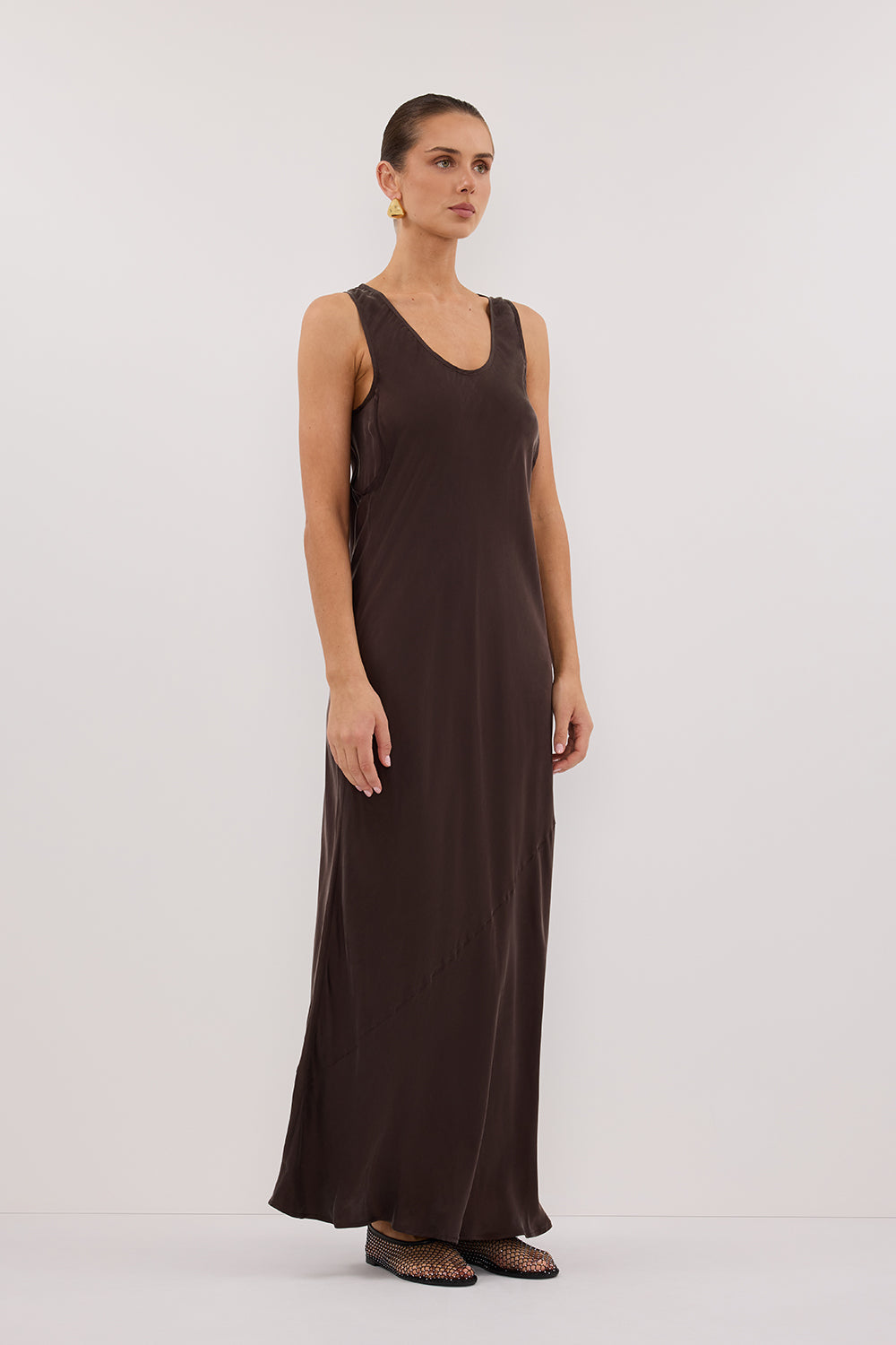 DARCY BITTER CHOC SILK MAXI DRESS