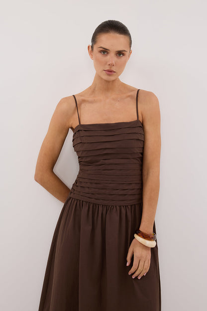 QUINN BITTER CHOC COTTON MIDI DRESS