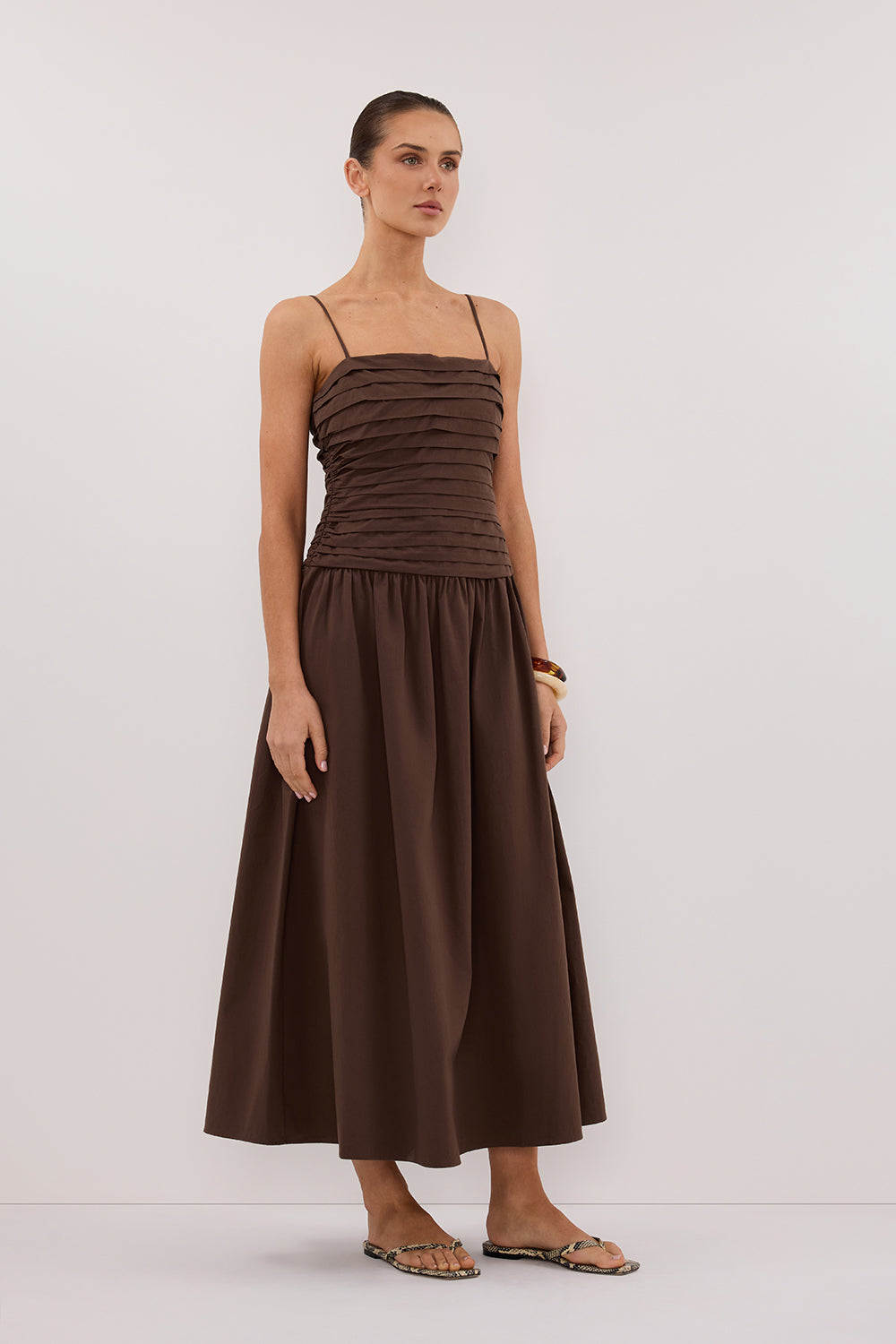 QUINN BITTER CHOC COTTON MIDI DRESS