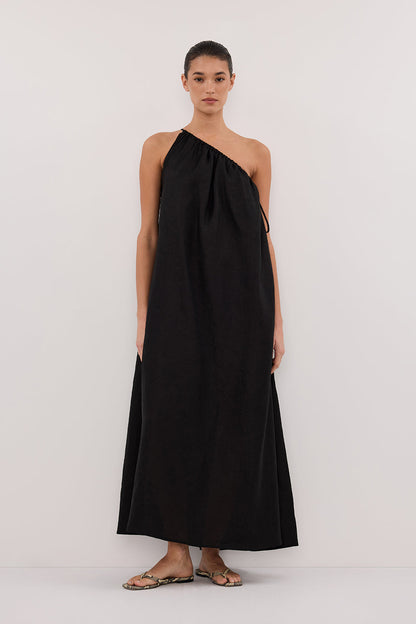 ALMA BLACK ASYM LINEN MIDI DRESS