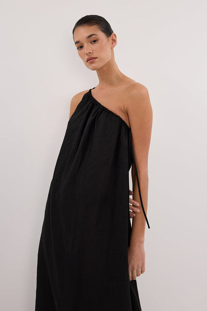 ALMA BLACK ASYM LINEN MIDI DRESS
