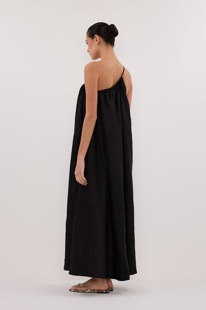 ALMA BLACK ASYM LINEN MIDI DRESS