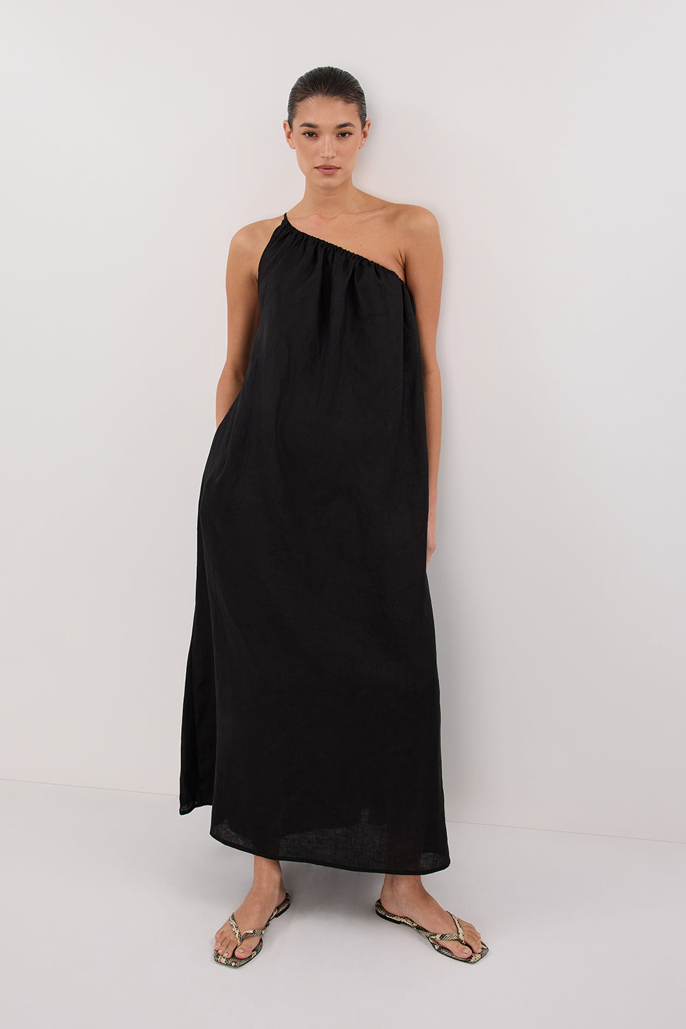 ALMA BLACK ASYM LINEN MIDI DRESS