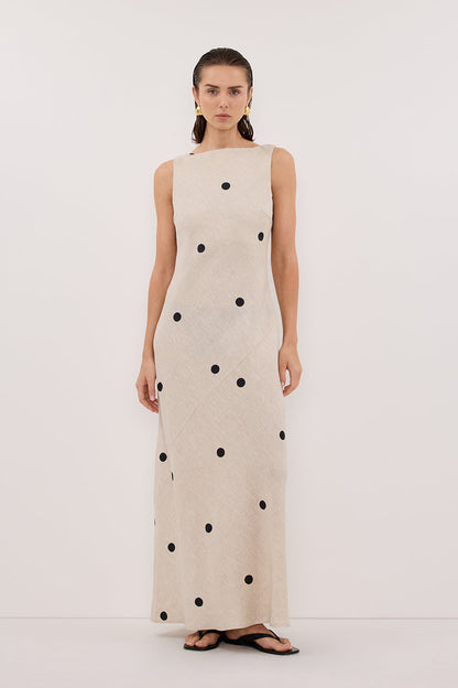 BEVERLY NATURAL SPOT LINEN MIDI DRESS