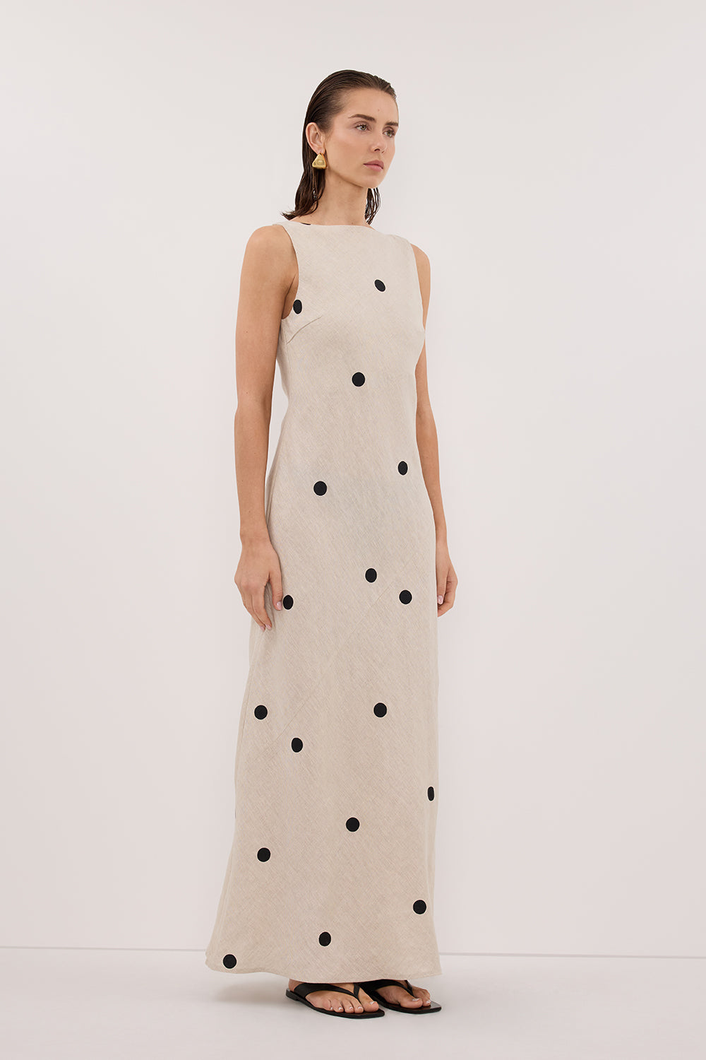 BEVERLY NATURAL SPOT LINEN MIDI DRESS
