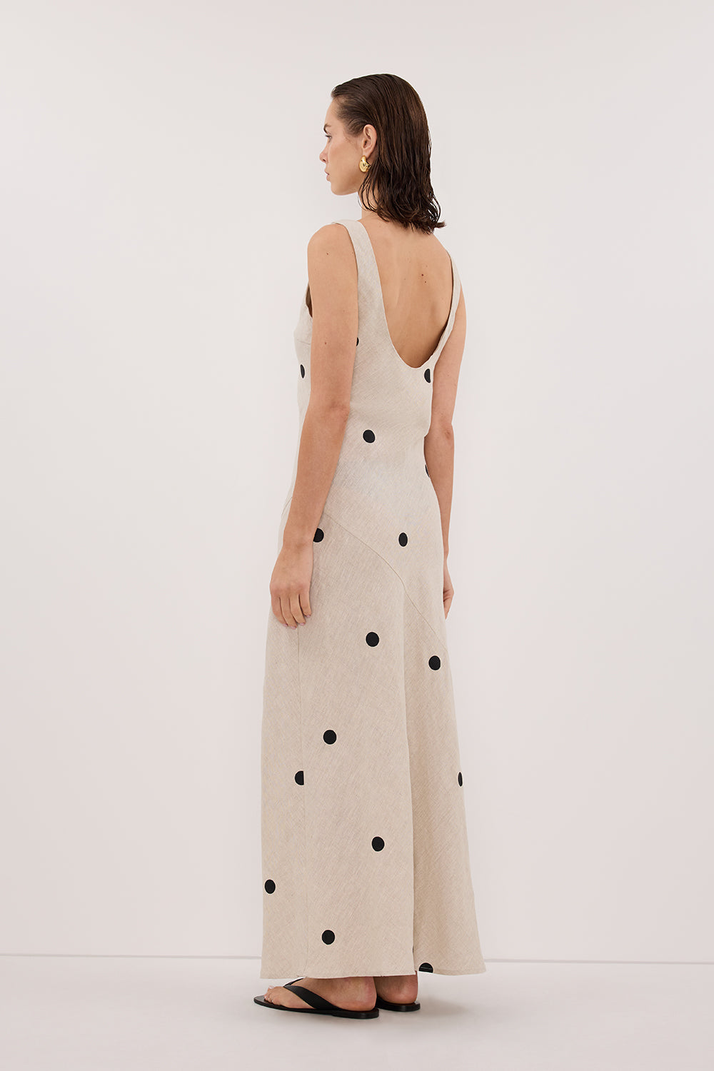 BEVERLY NATURAL SPOT LINEN MIDI DRESS