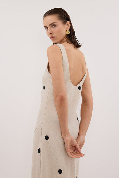 BEVERLY NATURAL SPOT LINEN MIDI DRESS