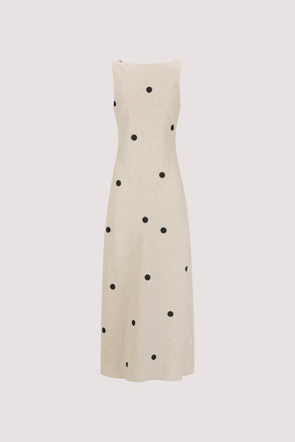 BEVERLY NATURAL SPOT LINEN MIDI DRESS