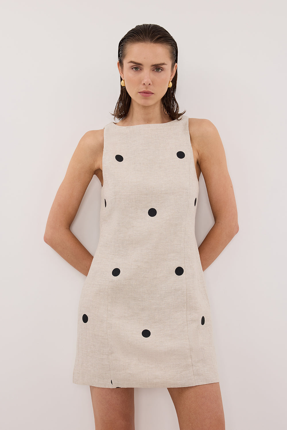 BEVERLY NATURAL SPOT LINEN MINI DRESS