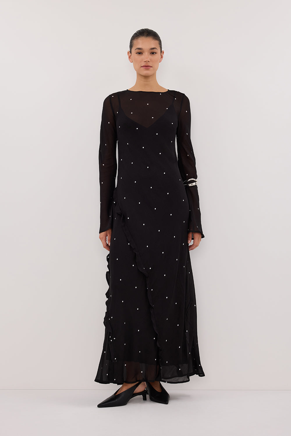 MELROSE BLACK SPOT LONG SLEEVE MAXI DRESS