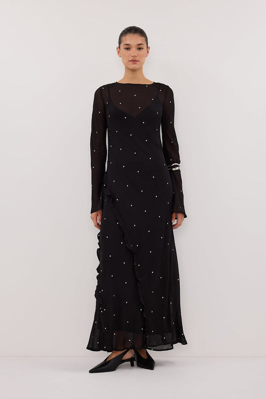 MELROSE BLACK SPOT LONG SLEEVE MAXI DRESS