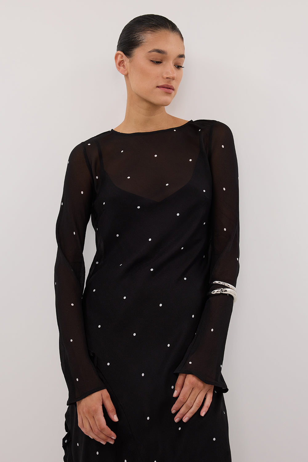 MELROSE BLACK SPOT LONG SLEEVE MAXI DRESS