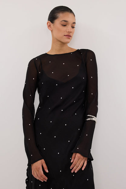 MELROSE BLACK SPOT LONG SLEEVE MAXI DRESS