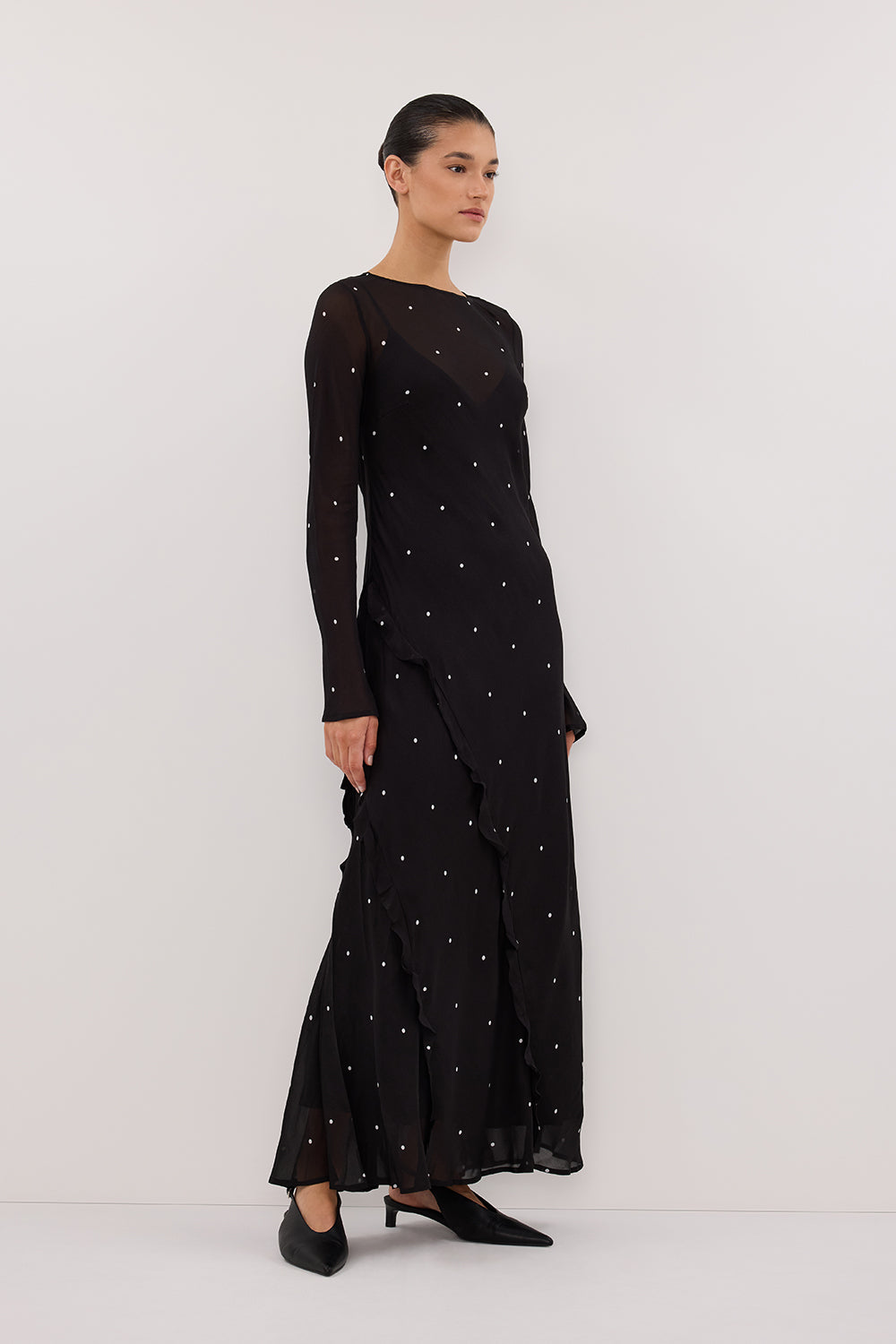 MELROSE BLACK SPOT LONG SLEEVE MAXI DRESS