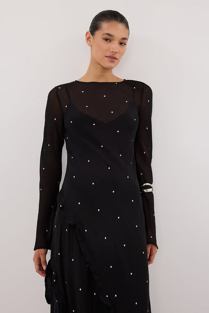 MELROSE BLACK SPOT LONG SLEEVE MAXI DRESS