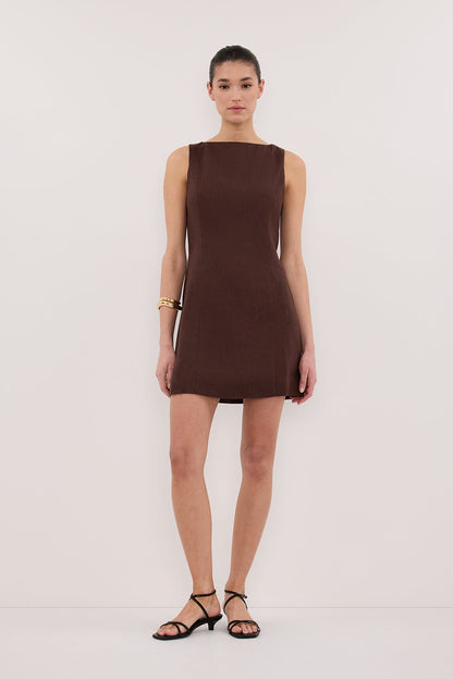 LACY COCOA SLEEVELESS LINEN MINI DRESS