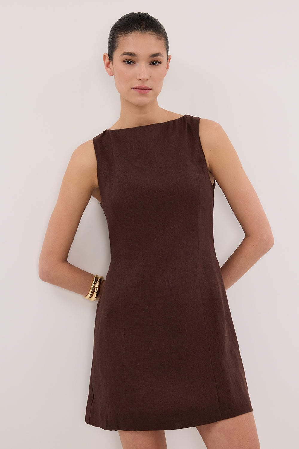 LACY COCOA SLEEVELESS LINEN MINI DRESS