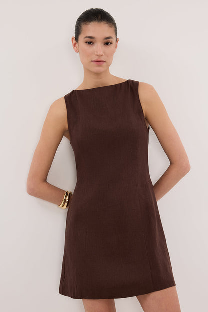 LACY COCOA SLEEVELESS LINEN MINI DRESS