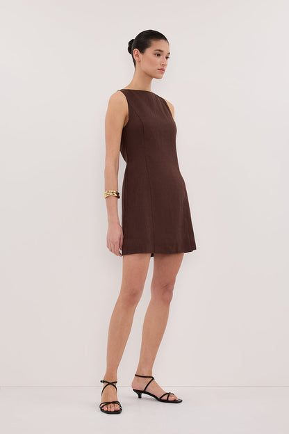 LACY COCOA SLEEVELESS LINEN MINI DRESS