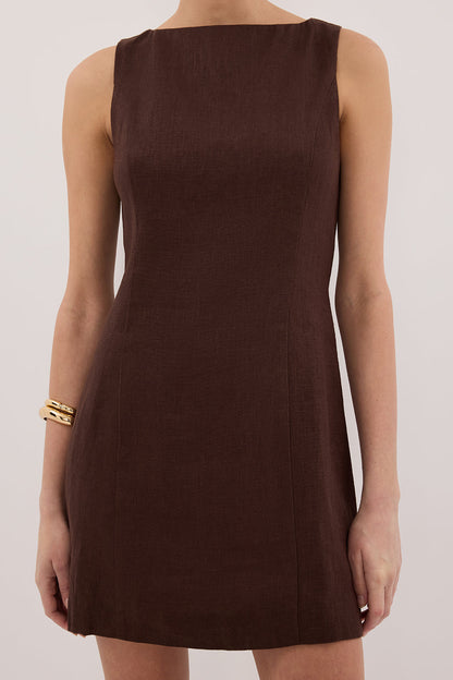 LACY COCOA SLEEVELESS LINEN MINI DRESS
