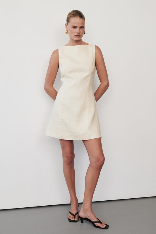 LACY STRAW SLEEVELESS LINEN MINI DRESS