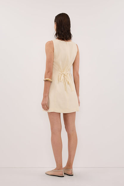 LACY STRAW SLEEVELESS LINEN MINI DRESS
