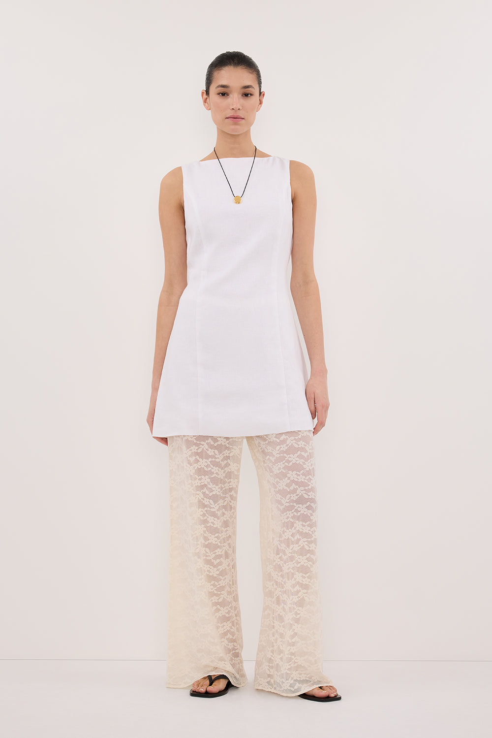 LACY WHITE SLEEVELESS LINEN MINI DRESS