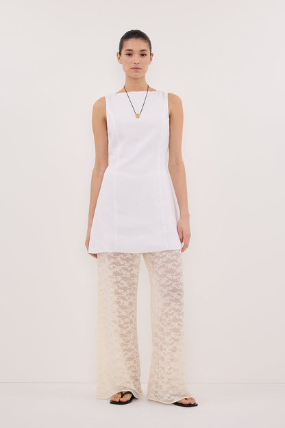 LACY WHITE SLEEVELESS LINEN MINI DRESS