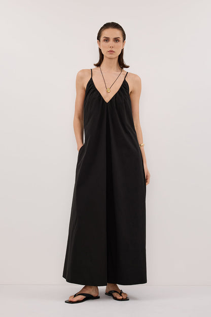 LIANA BLACK SLEEVELESS POPLIN TENT MIDI DRESS