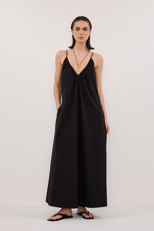 LIANA BLACK SLEEVELESS POPLIN TENT MIDI DRESS