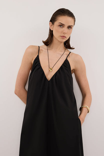 LIANA BLACK SLEEVELESS POPLIN TENT MIDI DRESS