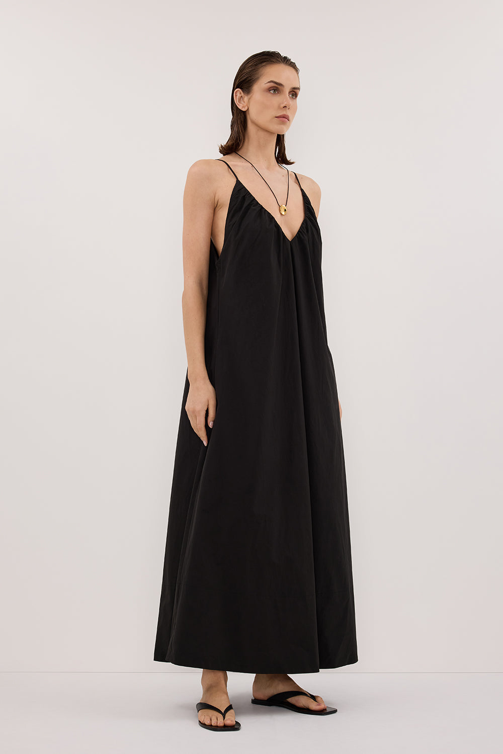 LIANA BLACK SLEEVELESS POPLIN TENT MIDI DRESS